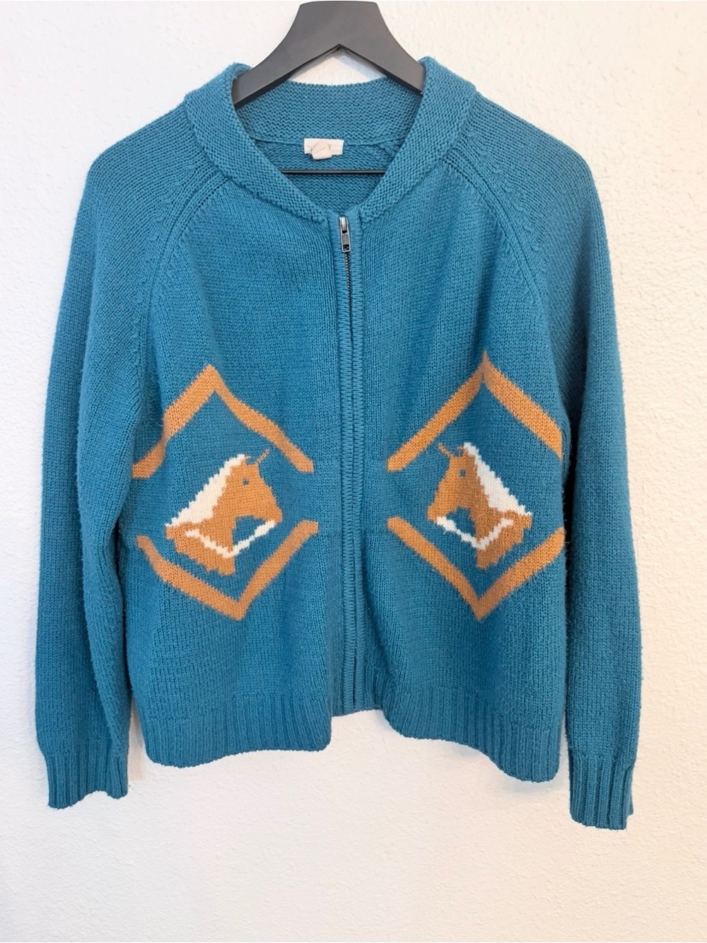 Anthropologie TINY Horse Equestrian Zip Cardigan Sweater Teal Size L